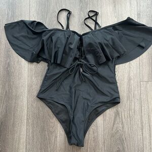 NWOT Black one piece Off shoulder ruffle sleeves swimsuit M